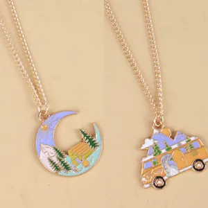 Nature Enamel Landscape Pendant Necklace Gold Plated Alloy Moon Camping Van Mountain Forest Traveling Jewelry Gift For Women