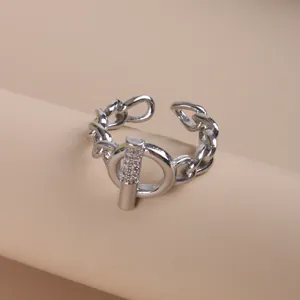 Anillo Abierto de Cadena de Aleación Vintage para Hombre Mujer Plateado Zirconia Cierre OT Entrelazado Geométrico Anillo Ajustable