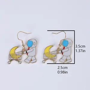 Cartoon astronaut and moon earrings with dimensional specs on minimalist background