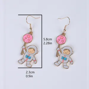Detailed size chart for cartoon astronaut hook earrings with moon and spaceship design