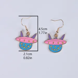 Cartoon UFO dangle earrings with colorful enamel and star patterns shown with dimensions