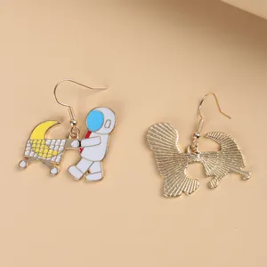 Creative astronaut and moon enamel drop earrings with gold finish fish hook backs