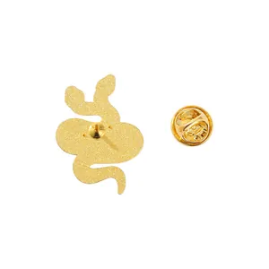 Cute gold-colored cartoon snake brooch pin with sandblasted finish and butterfly clasp