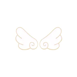 Detail view of white enamel angel wing pins with golden edges and spiral patterns