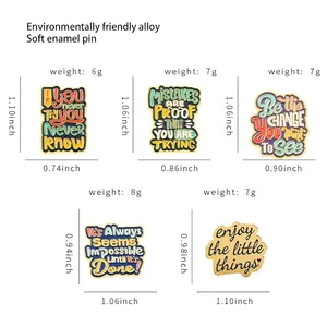 Size chart for vintage alloy quote pins featuring soft enamel details and dimensions