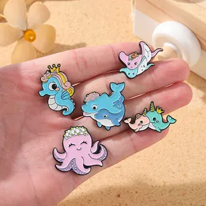 Mignonnes Épingles en Émail Animaux Marins Dessin Animé Alliage Poulpe Hippocampe Dauphin Narval Raie Manta Broches pour Sacs à Dos Vêtements Accessoires Cadeau