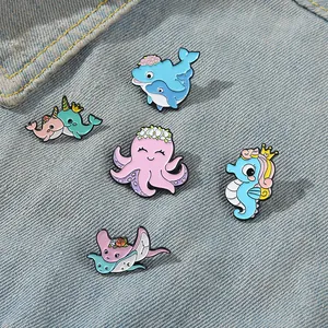 Lot de 5 broches en émail animaux marins sur denim avec pieuvre et hippocampe mignons
