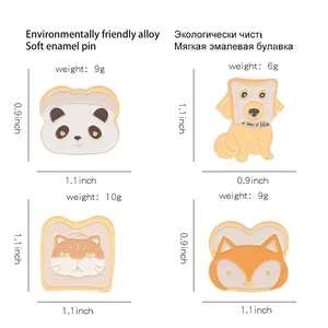 Broches en émail en forme de toast animalier avec panda, chien, chat et renard en alliage