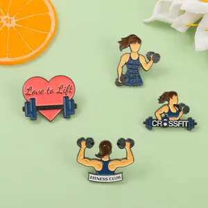 Broche en Alliage Émaillé Thème Fitness pour Femme Slogan Entraînement Cœur Haltère Badge Décoratif Épingle de Revers Accessoires Bijoux