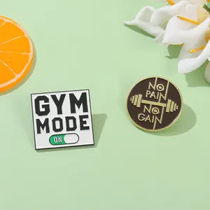 Gym Mode On and No Pain No Gain enamel pin badges set with barbell and switch icons