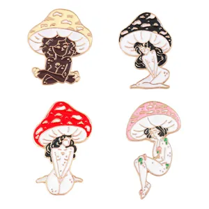 Artistic enamel pins featuring creative mushroom girl designs in four distinct colors