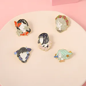 Set de cinco pines de esmalte de anime con diseños de chicas, flores y galaxias mágicas