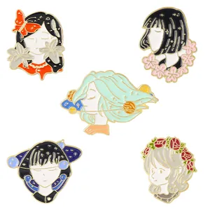 Set de 5 pines de esmalte estilo anime japonés con motivos de chicas y naturaleza