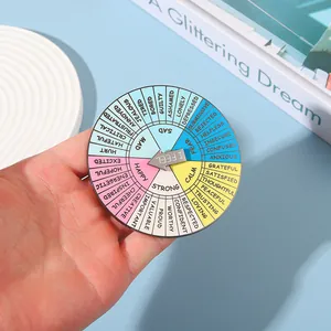 Detail of rotating metal feeling wheel pin with colorful enamel and movable arrow indicator