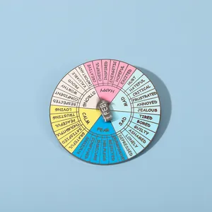 Macro detail of a colorful mental health feelings wheel enamel pin with core emotions