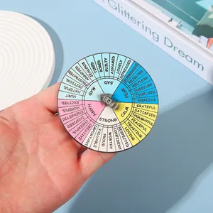 Interactive enamel emotion wheel brooch with a rotating metal arrow for mental health