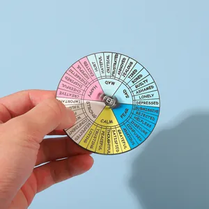 Close-up of rotatable mental health emotion wheel enamel pin with colorful sectors
