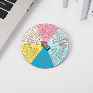Close-up of a mental health enamel mood wheel pin with a functional rotating black arrow