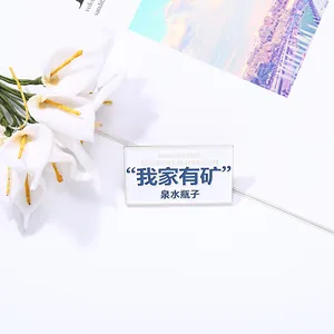 Detail of white rectangular enamel pin with blue text and a silver metal edge