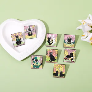 Detailed set of eight black cat tarot enamel pins featuring designs like The High Priestess
