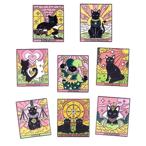 Macro view showing eight detailed black cat tarot card enamel pins with vibrant colors