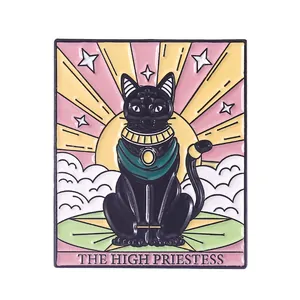 Detailed enamel pin featuring a black cat as The High Priestess tarot card design