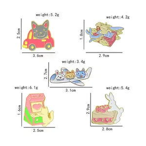 Cartoon enamel pin set with cute animals in vehicles and games with dimensions