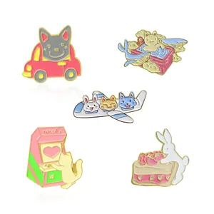 Set of 5 cartoon animal enamel pins featuring cats, dogs, and rabbits on white background