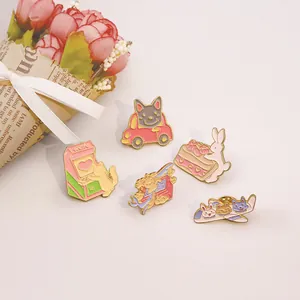 5pcs cartoon animal enamel pin set featuring cats, dogs and rabbits in soft macaron colors