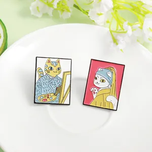 Broche en Émail de Chat de Peintures Célèbres Artistiques Chat de Van Gogh et Jeune Fille à la Künstliche Perle Chat en Alliage Badge