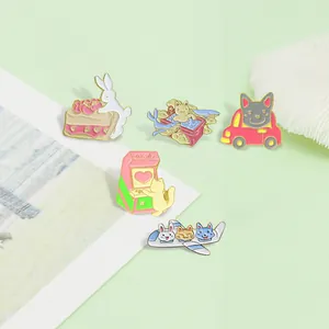 Cute cartoon animal enamel pins set featuring cat, bunny, and dog in macaron colors