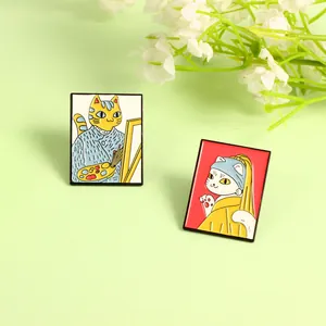 Broches en émail représentant des chats inspirés par Van Gogh et La Jeune Fille à la perle