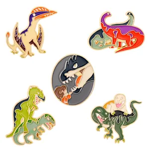 5-piece cartoon dinosaur enamel pin set featuring funny and cute alloy metal lapel badges