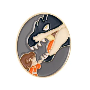 Detailed view of an enamel pin showing a girl touching a dinosaur silhouette