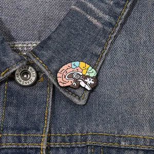 Colorful brain anatomy enamel pin on denim jacket collar, creative medical brooch accessory