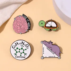 Creative Science Formula Alloy Enamel Brooch Caffeine Hippo Math Turtle Protractor Brain Design Badge Pins For Backpack Clothing Decoration