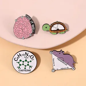 Close-up of creative enamel pins featuring science formulas and cute animal designs
