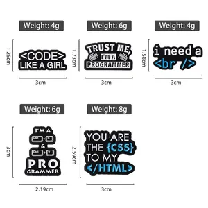 5-piece set of programmer enamel pins featuring HTML tags and coding quotes on white background