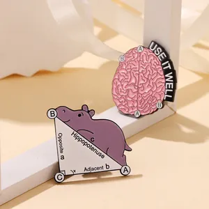 Creative enamel pins featuring a pink brain and a math-themed hippo on a geometric stand