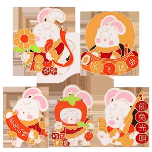 Lot de cinq broches lapin mignon en émail avec des motifs festifs traditionnels chinois