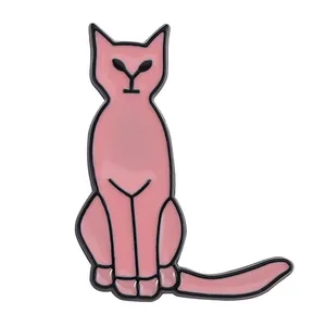 Close-up of a pink cartoon cat enamel lapel pin with black metal outlines on white background