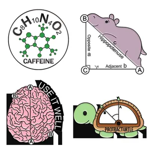 Creative science puns enamel pins featuring hippo math and tortoise protractor designs