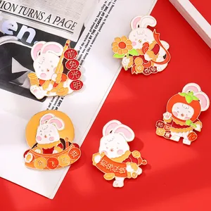 Lot de 5 épingles lapin en émail avec vœux festifs chinois et motifs de dessins animés