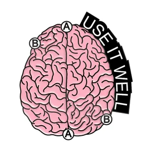 Detailed view of pink brain enamel pin featuring USE IT WELL text and A B letter markers