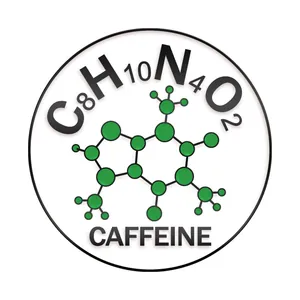 Macro detail of scientific caffeine molecule pin showing C8H10N4O2 formula and structure
