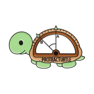 Detail of creative Protractor Turtle enamel pin with green shell and math formula design
