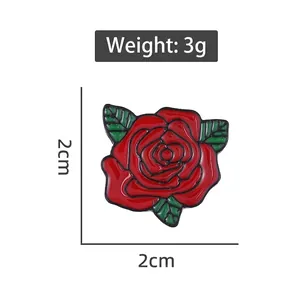 Exquisite red rose enamel brooch pin with green leaves, size 2cm x 2cm and weight 3g