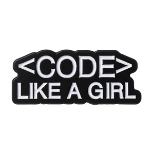 Detail of enamel pin with code symbol and Like A Girl text on black background