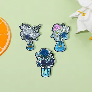 Creative Enamel Pin Cartoon Flower Vase Chemistry Flask Brooch Alloy Badge Botanical Jewelry For Backpack Clothing Accessories Women Men