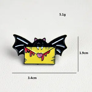 Creative cartoon bat enamel pin holding a heart envelope, gothic halloween brooch 3.4cm